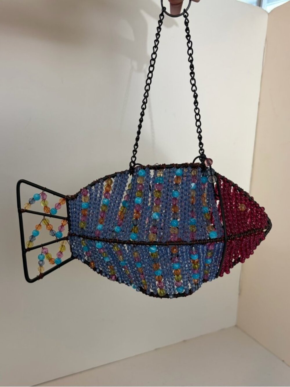 Pier Vintage Fish Candle Holder Hand Made Beads Hanging Tea Light Blue Boho 90s